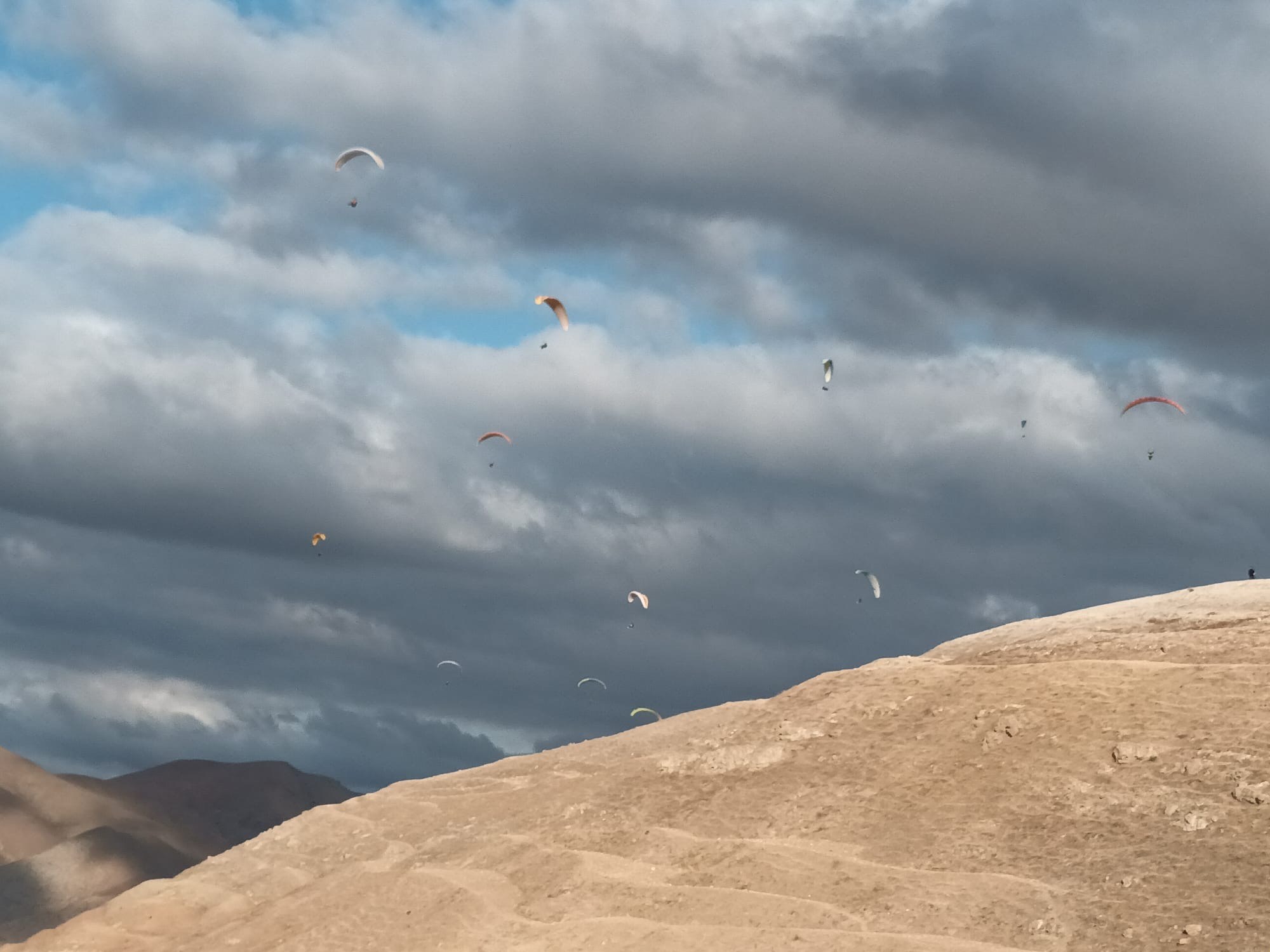 Parapentes sous un ciel nuageux
